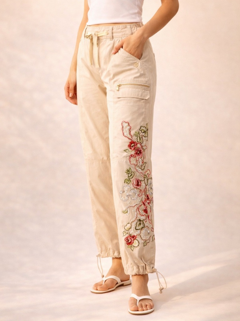 Y2K Utility Cargo Pants Embroidered Sequins Convertible Hem 14